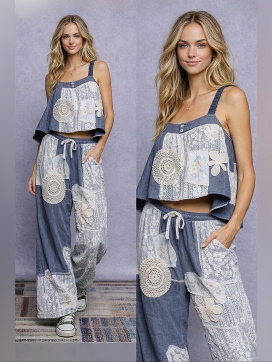 POL Pants - POL“Dream Patch Set“Crochet Blue Patchwork Matching Set, Pants&Tank Sz Small